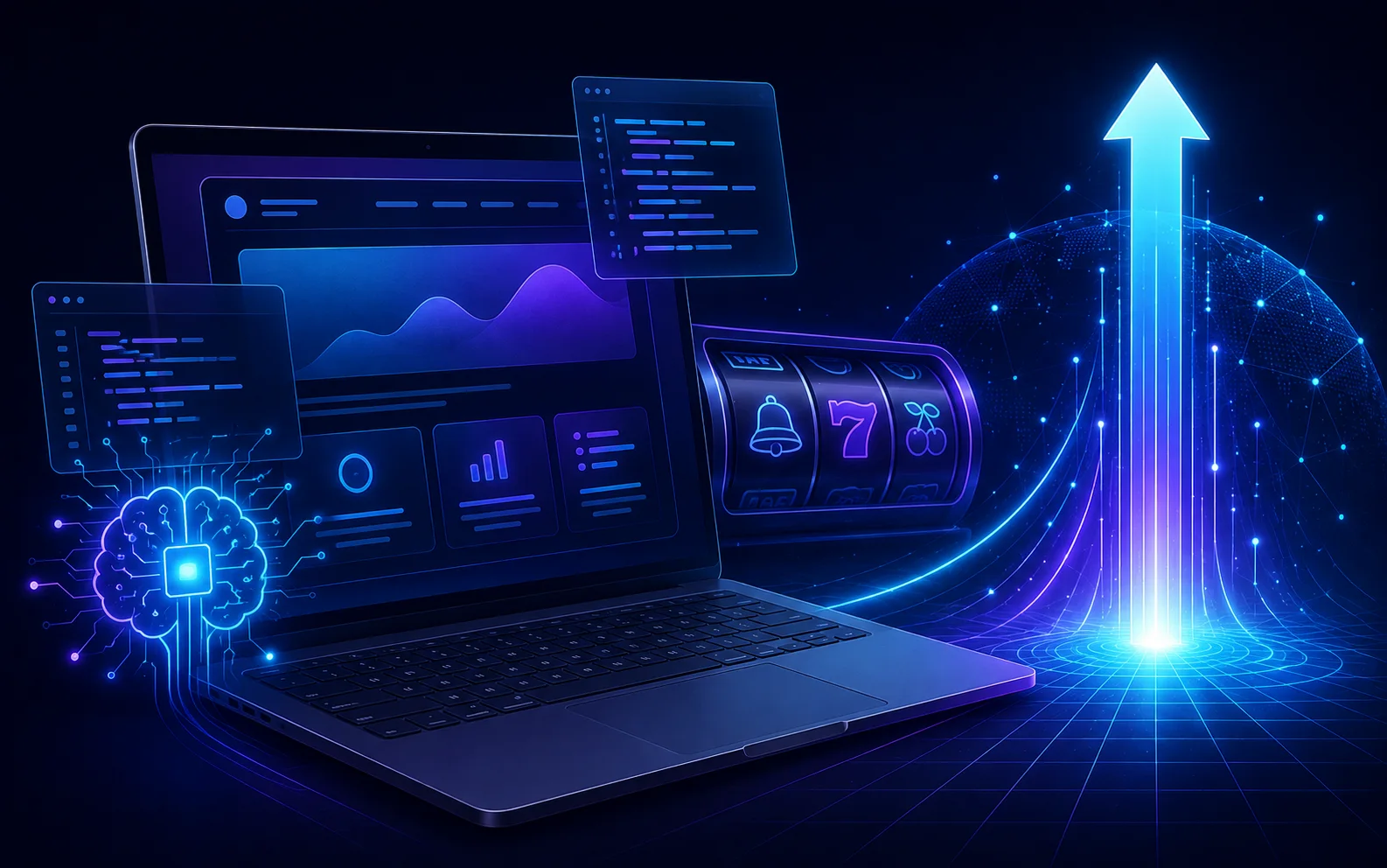 ノートPC、コード、パチスロ機、公開を示す光でAIサイト制作を表したイメージ